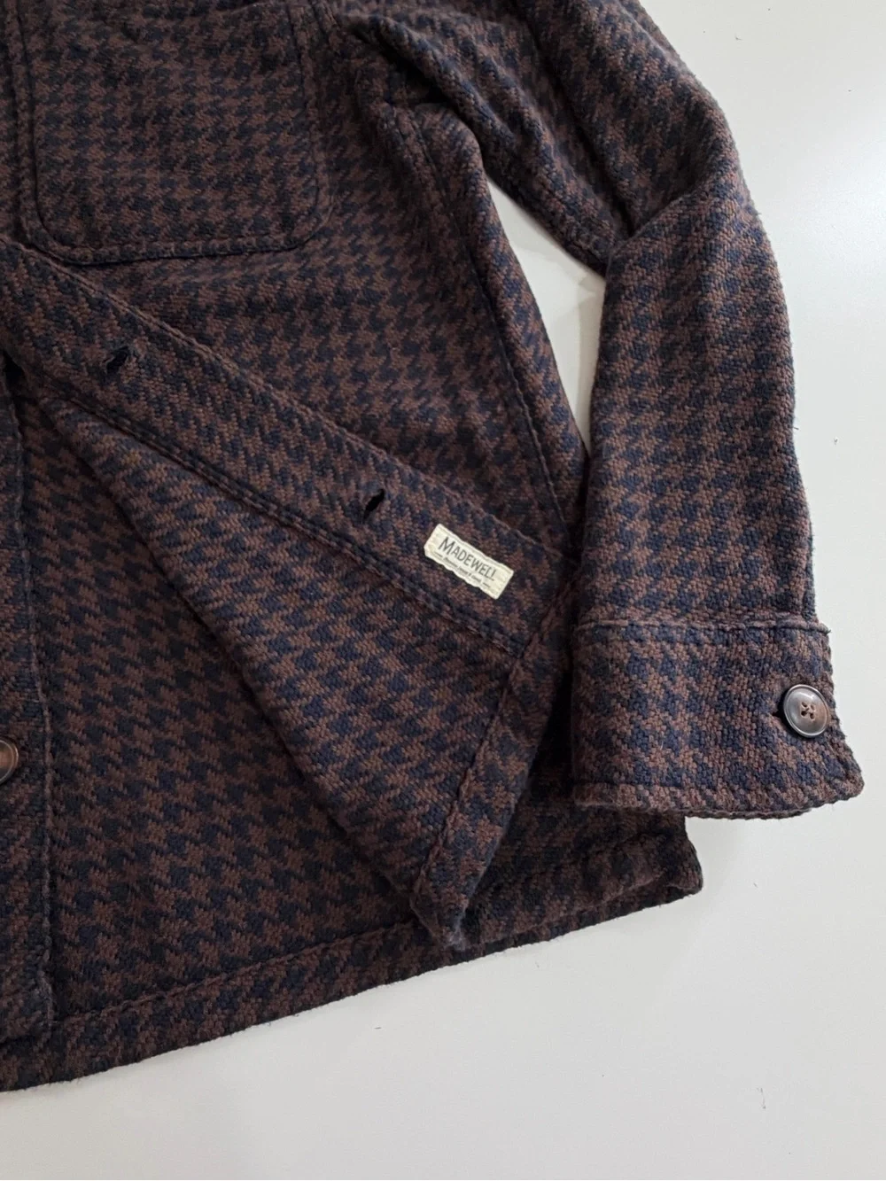 Madewell Men’s Brown & Navy Houndstooth Button-Up Shirt Jacket Small Easy Fit